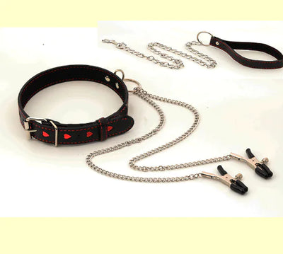 BDSM Heart Collar with Chain Leash (One Set)