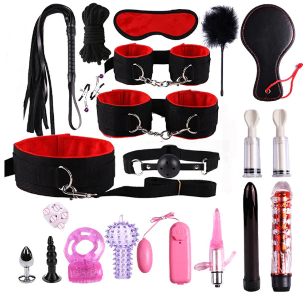 Adult BDSM Tool Kit with Cuffs, Whip, and Accessories
