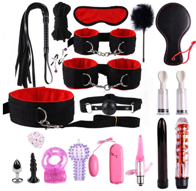 Adult BDSM Tool Kit with Cuffs, Whip, and Accessories